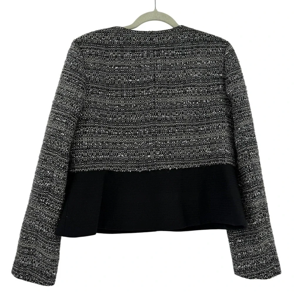 Tory Burch Metallic Tweed Mixed Media Peplum Jacket Grey Black Size 10